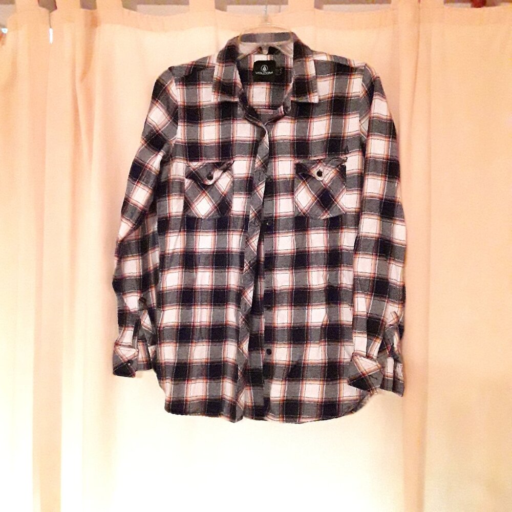 Volcom women's flannel, size Medium, black/white, red/yellow, perfect condition